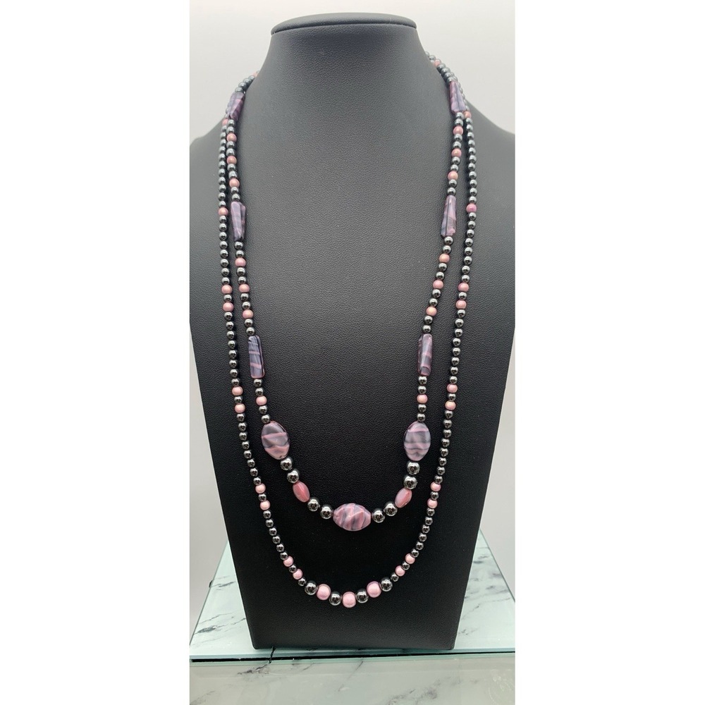 Vintage 2 Layer Hematite Necklace W Pink & Gray‎ Beads & Sterling Silver Clasp